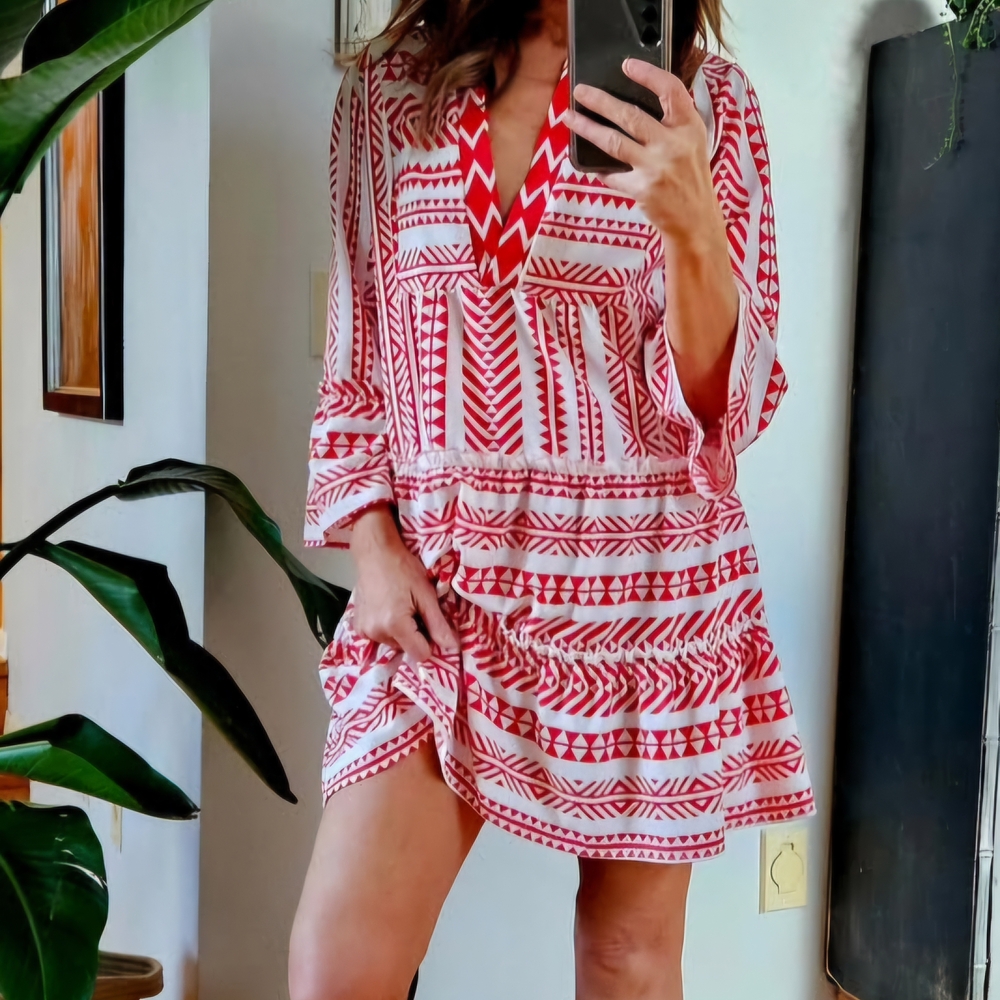 SOLD Red and White Geometric Pattern Dress